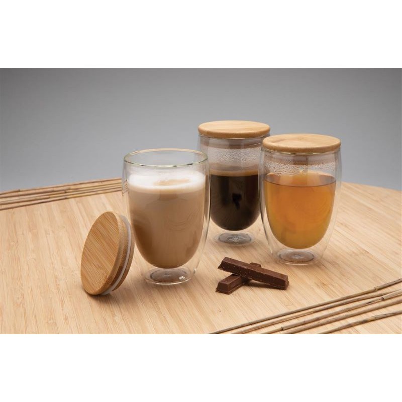 Set dvou dvoustěnných sklenic s bambusovým víčkem 350 ml, XD Design čirá