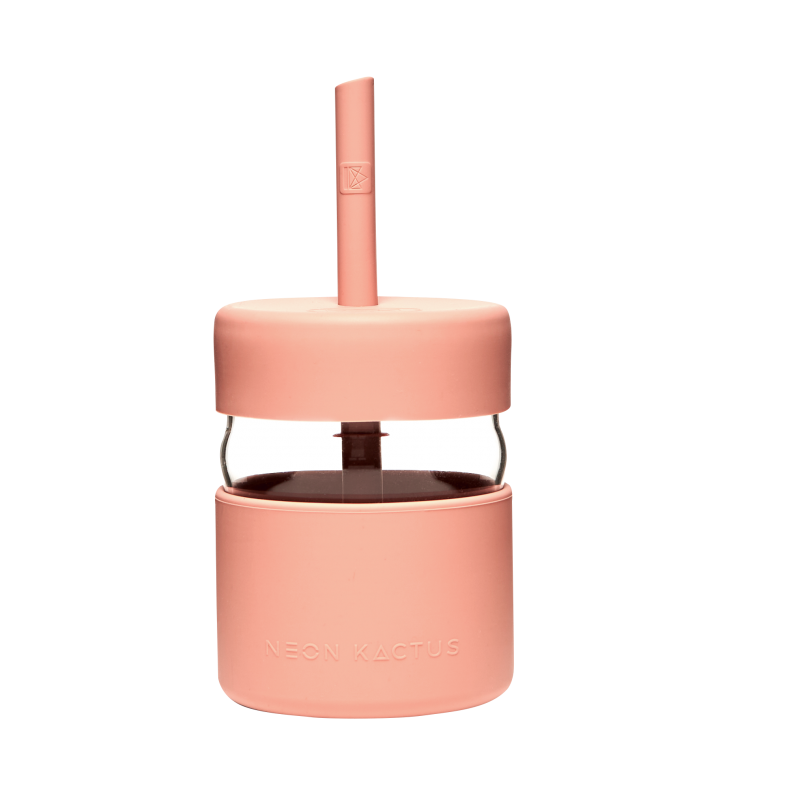 Dětská sklenice s brčkem, 230 ml, Neon Kactus, růžová