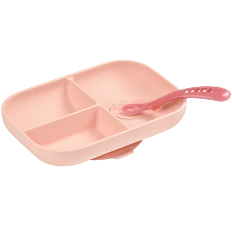 Dětský silikonový talíř s přísavkou a lžičkou, Beaba, růžový
