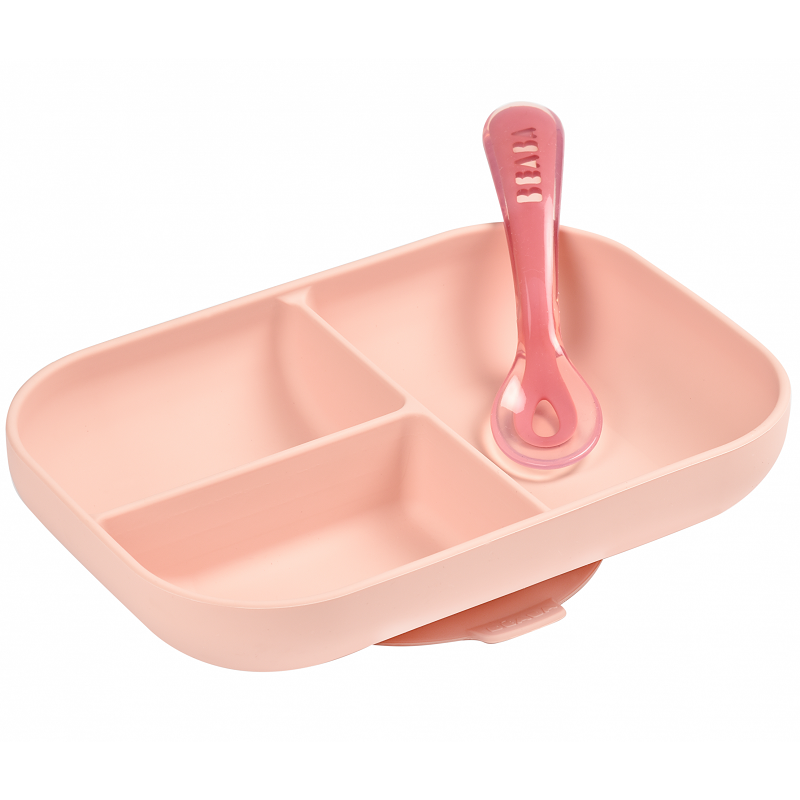 Dětský silikonový talíř s přísavkou a lžičkou, Beaba, růžový